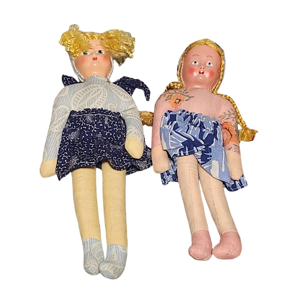 Vintage Handmade Cloth Dolls Pair 10–12 Inch Folk Rag Dolls Cottagecore